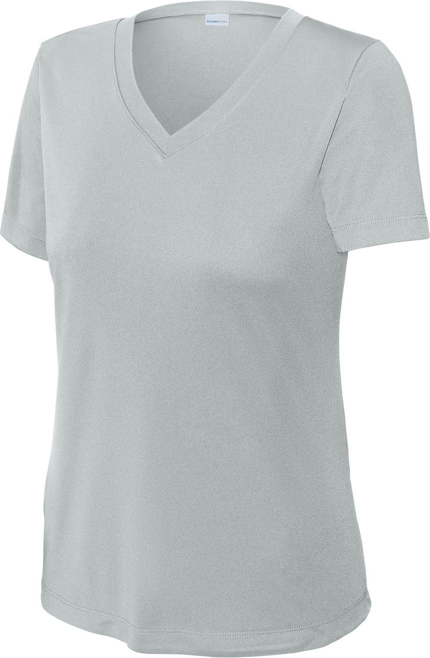 Front View of Silver Sport-Tek Women's PosiCharge Competitor V-Neck Tee. LST353