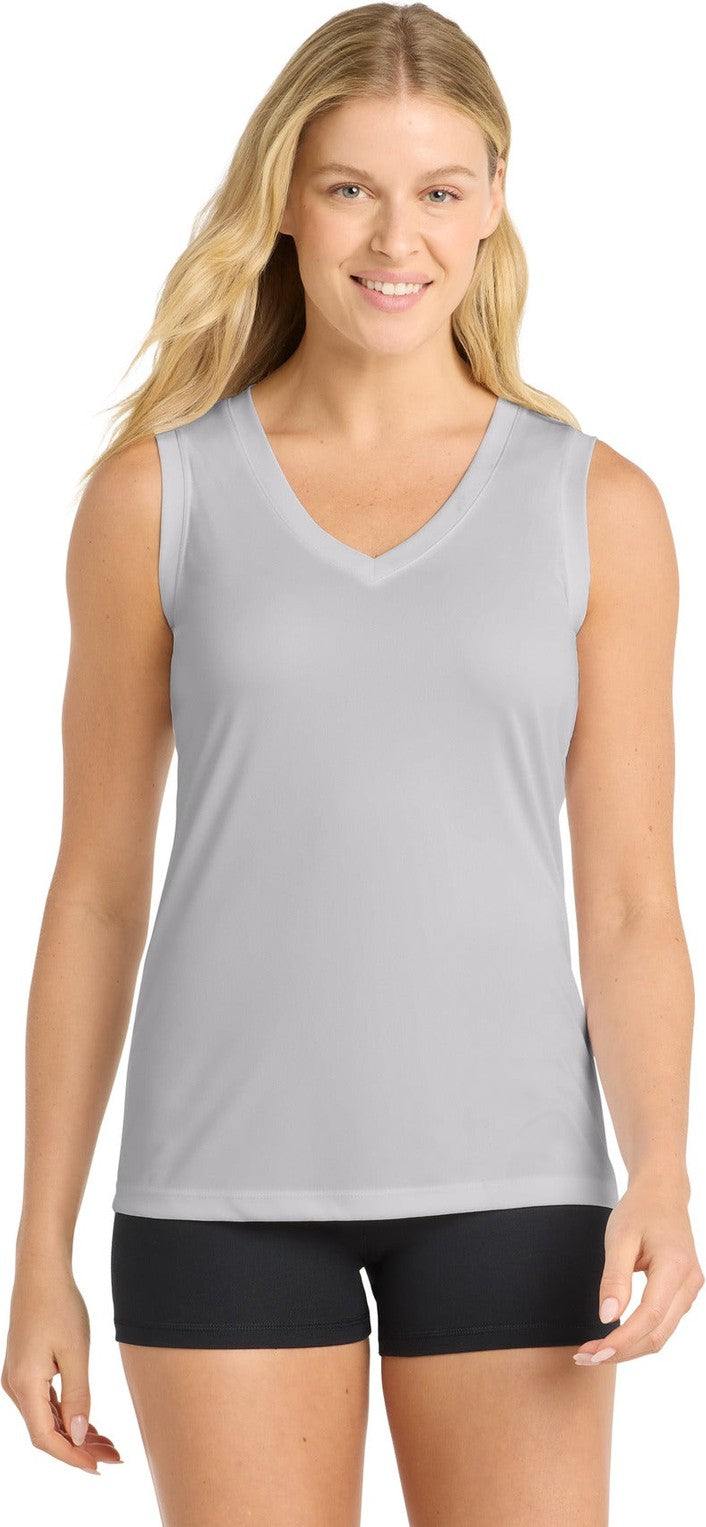 Front View of Silver Sport-Tek Women's Sleeveless PosiCharge Competitor V-Neck Tee. LST352