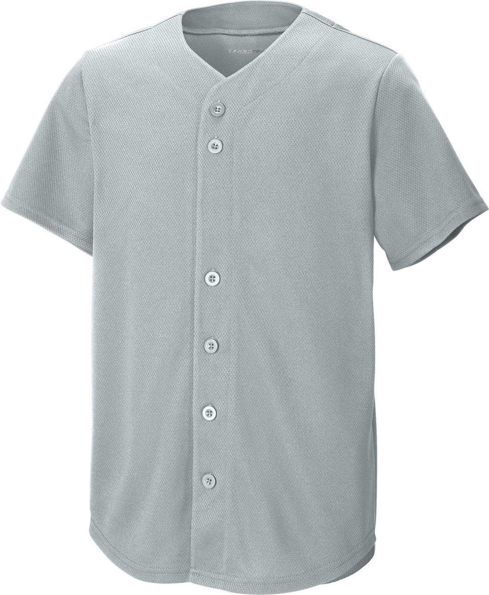 Front View of Silver Sport-Tek Youth PosiCharge Tough Mesh Full-Button Jersey YST220