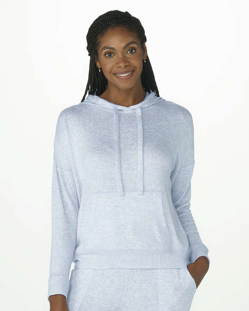 Front View of Sky Blue Heather Women's Cuddle Fleece Hooded Pullover - BW1501