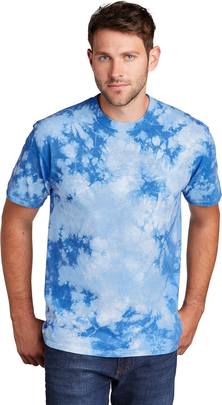 Front View of Sky Blue Port & Co Crystal Tie-Dye Tee PC145