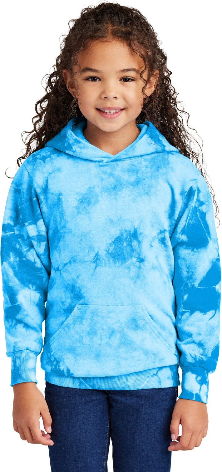 Front View of SkyBlue Port & Co Youth Crystal Tie-Dye Pullover Hoodie PC144Y
