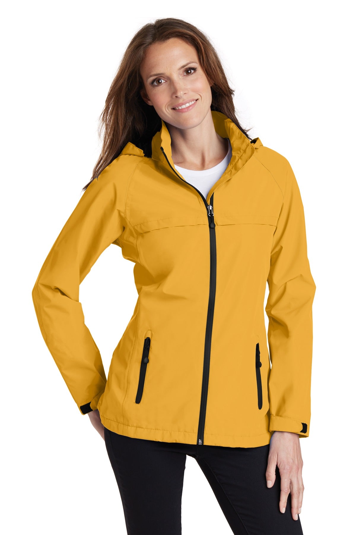 Front View of Slicker Yellow Port Authority Women's Torrent Waterproof Jacket. L333