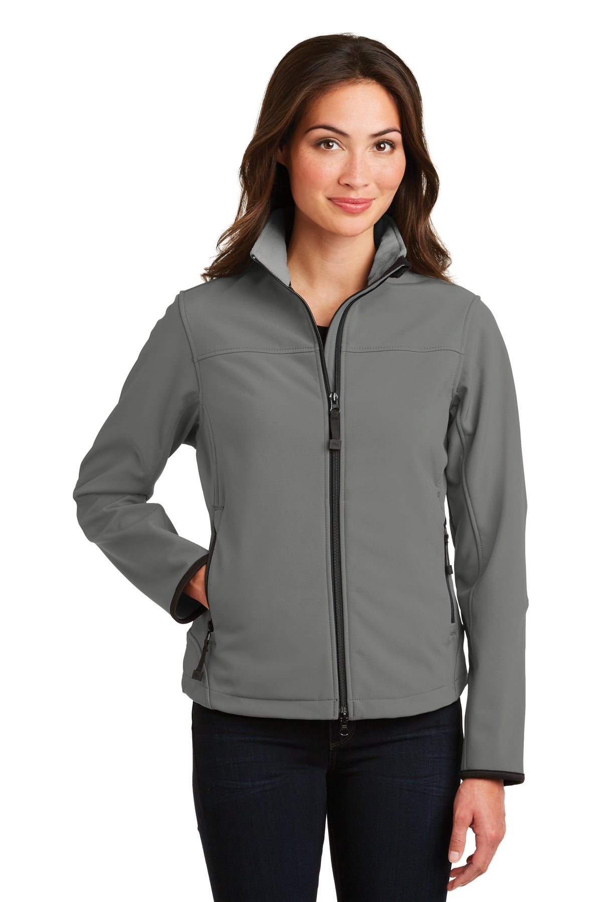 Front View of Smoke Gry/Chrm Port Authority Women's Glacier Soft Shell Jacket. L790