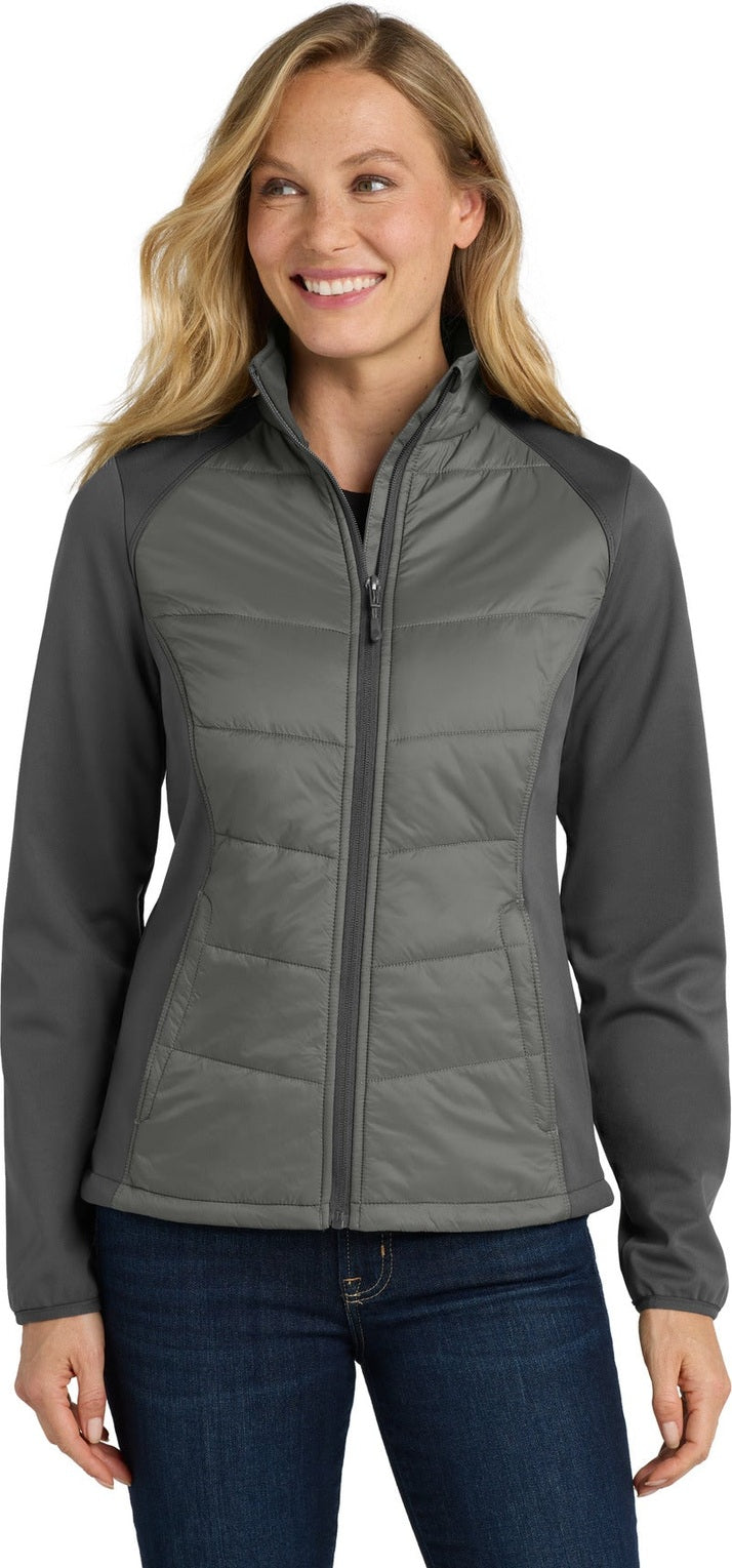 Front View of Smoke Gy/Gy St Port Authority Women's Hybrid Soft Shell Jacket. L787