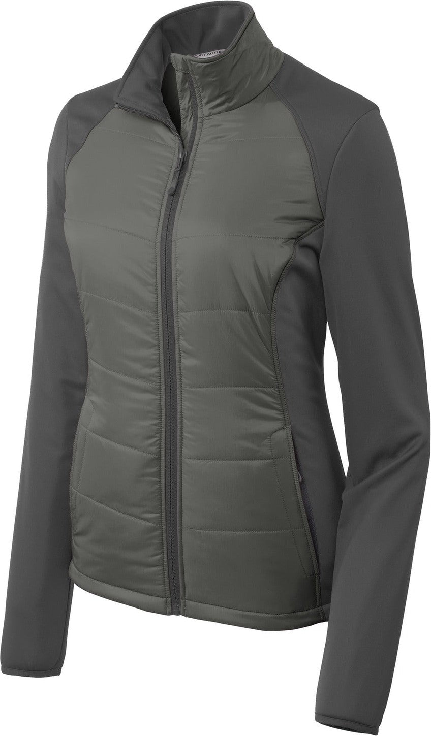 Front View of Smoke Gy/Gy St Port Authority Women's Hybrid Soft Shell Jacket. L787