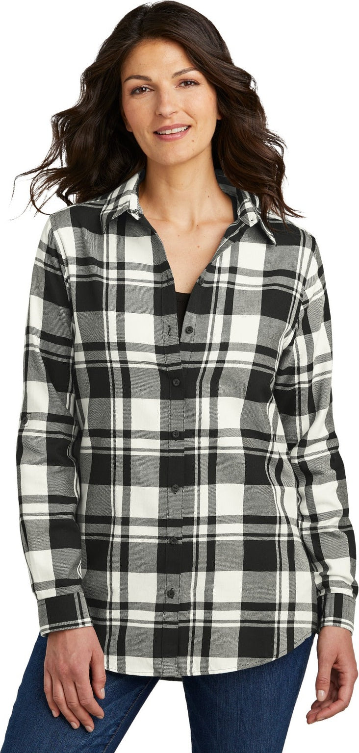 Front View of Snow White/Blk Port Authority Women's Plaid Flannel Tunic . LW668