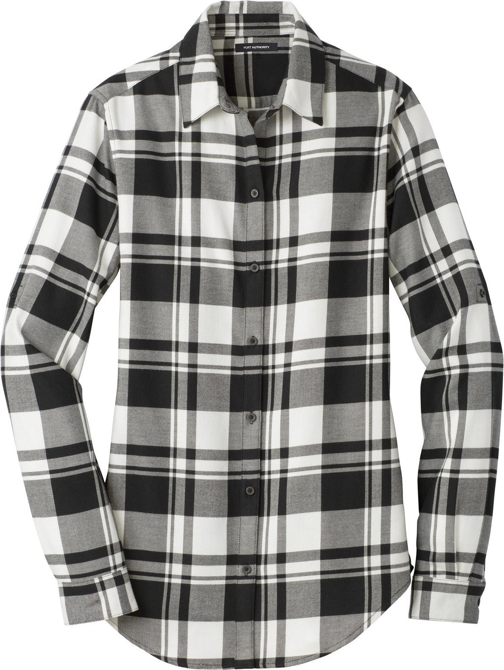 Front View of Snow White/Blk Port Authority Women's Plaid Flannel Tunic . LW668