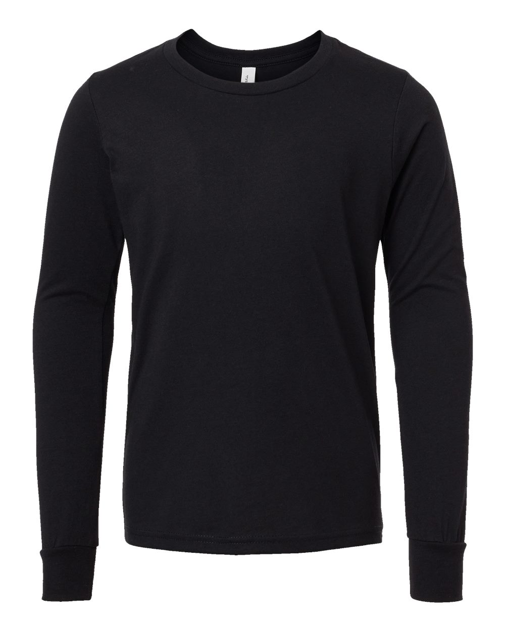 Front View of Solid Black Blend Youth Heather CVC Long Sleeve Tee - 3501YCVC