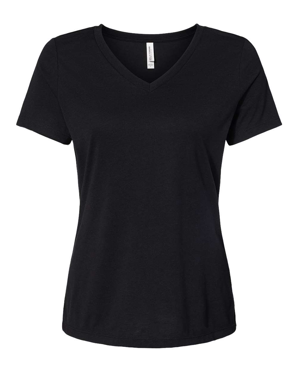 Front View of Solid Black Triblend Women's Relaxed Triblend Short Sleeve V-Neck Tee - 6415