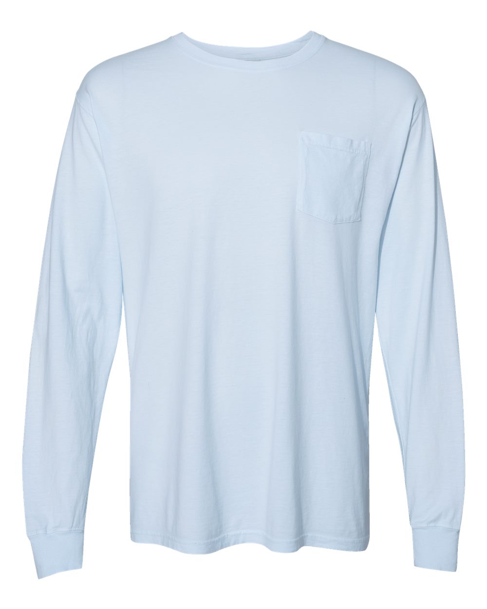 Front View of Soothing Blue Garment-Dyed Long Sleeve T-Shirt With a Pocket - GDH250