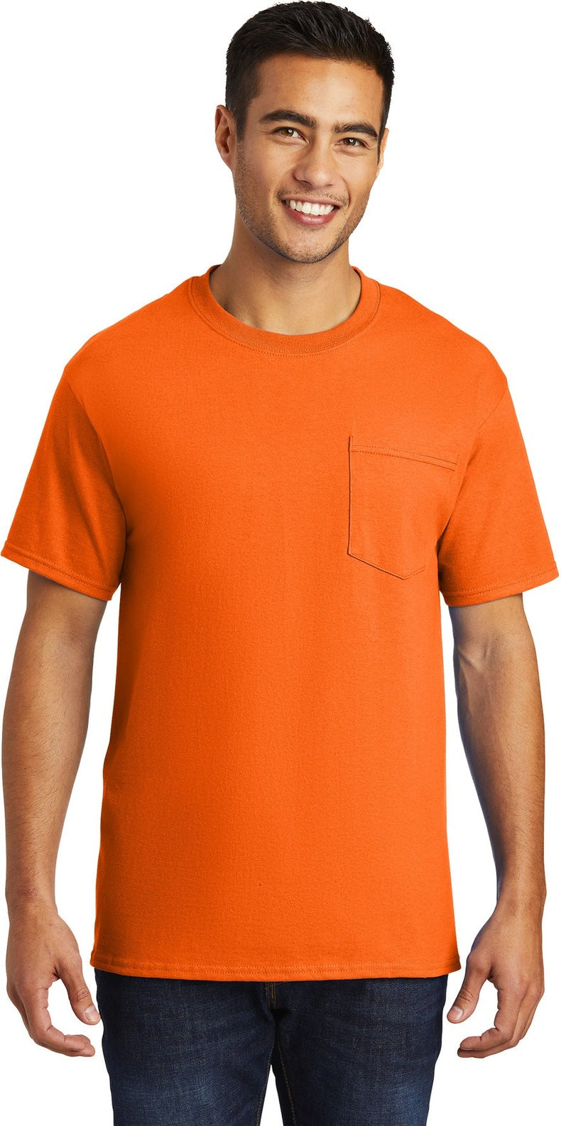 Front View of SOrange Port & Co Essential Pocket Tee. PC61P