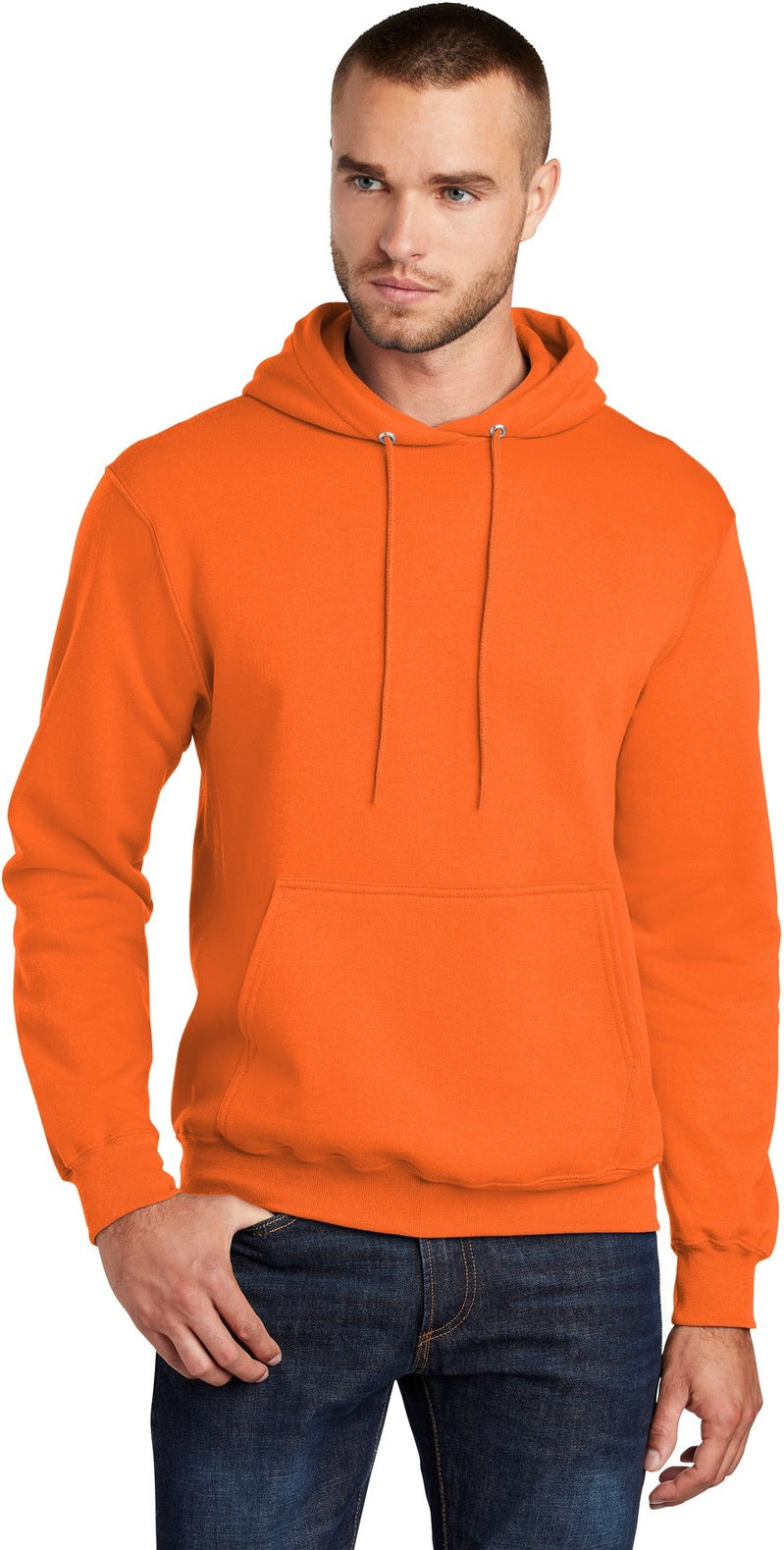 Front View of SOrange Port & Co Tall Core Fleece Pullover Hooded Sweatshirt PC78HT