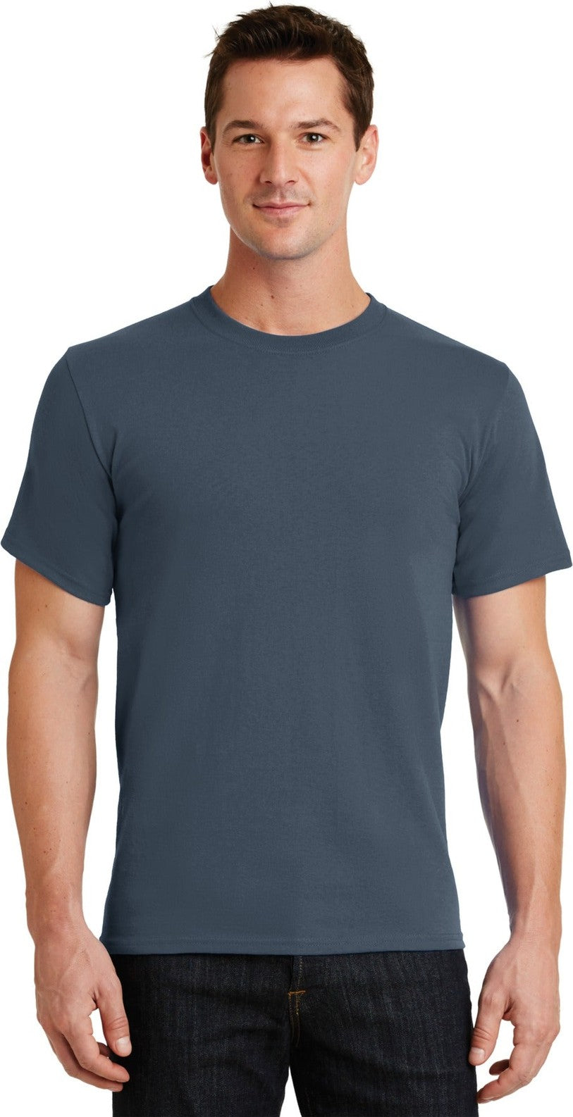Front View of Steel Blue Port & Co Essential Tee. PC61