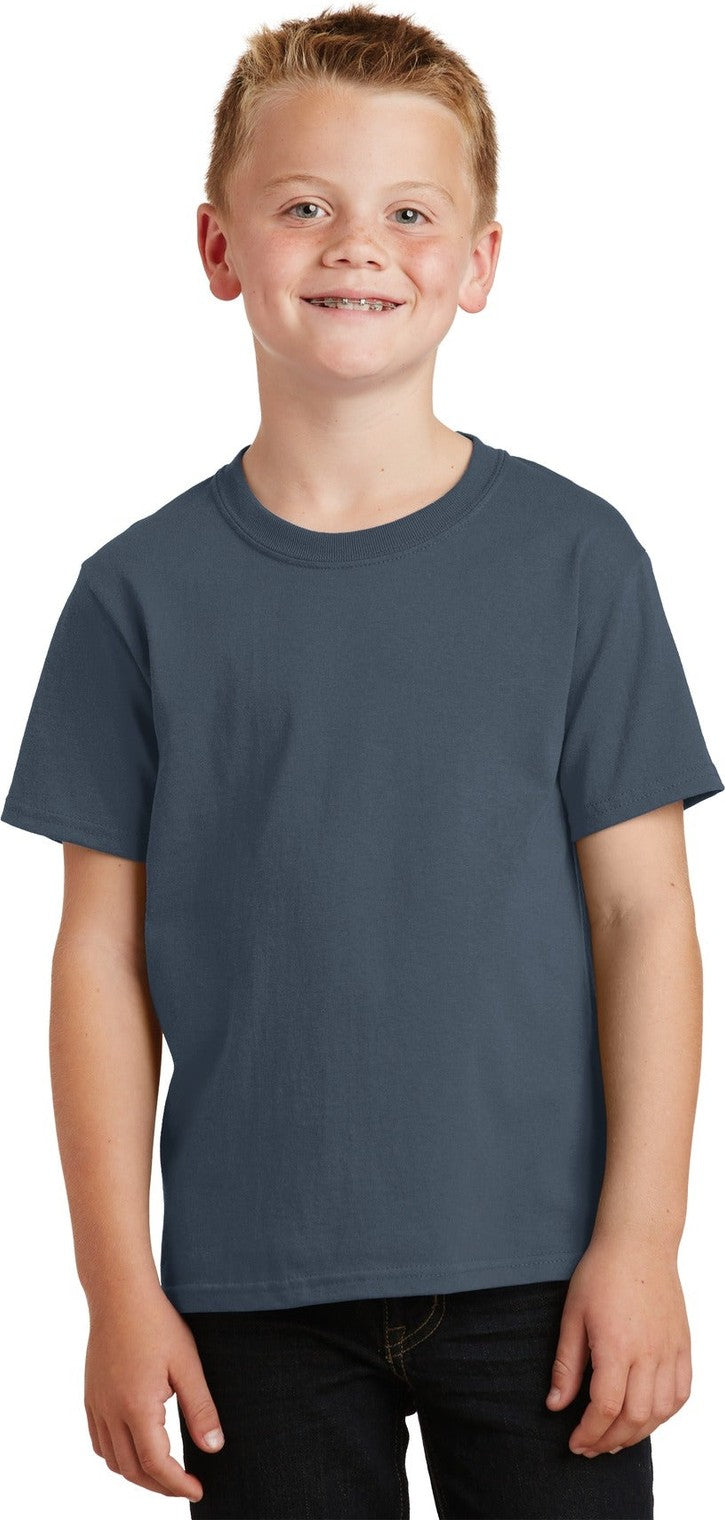 Front View of Steel Blue Port & Co Youth Core Cotton Tee. PC54Y