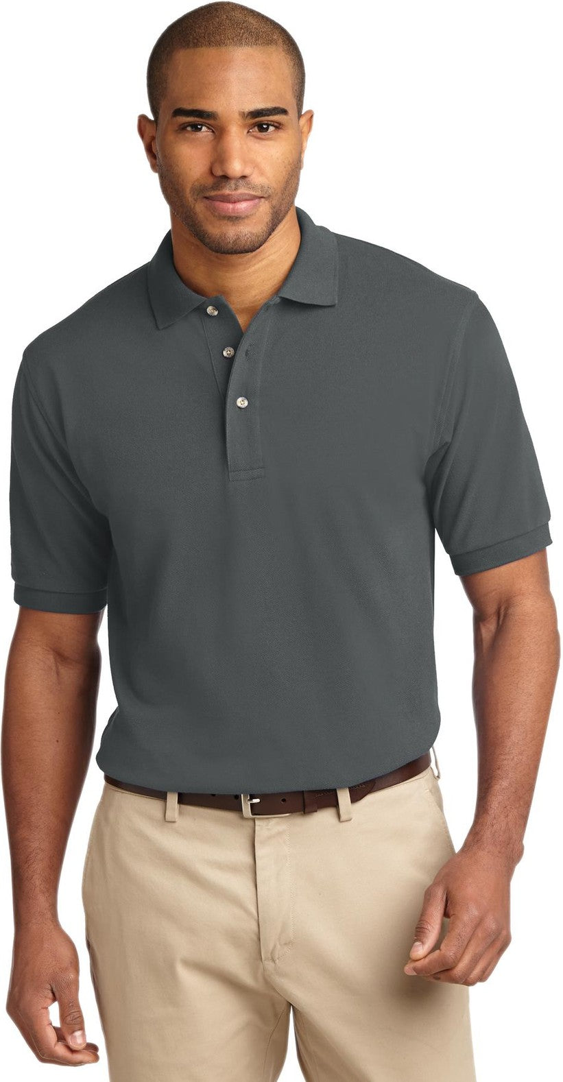 Front View of Steel Grey Port Authority Heavyweight Cotton Pique Polo. K420