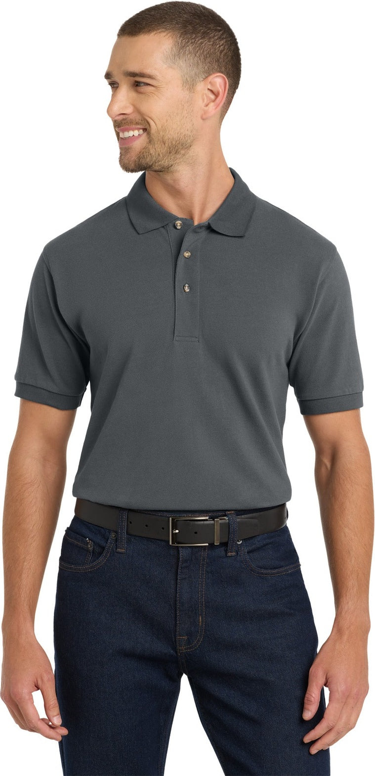 Front View of Steel Grey Port Authority Heavyweight Cotton Pique Polo. K420