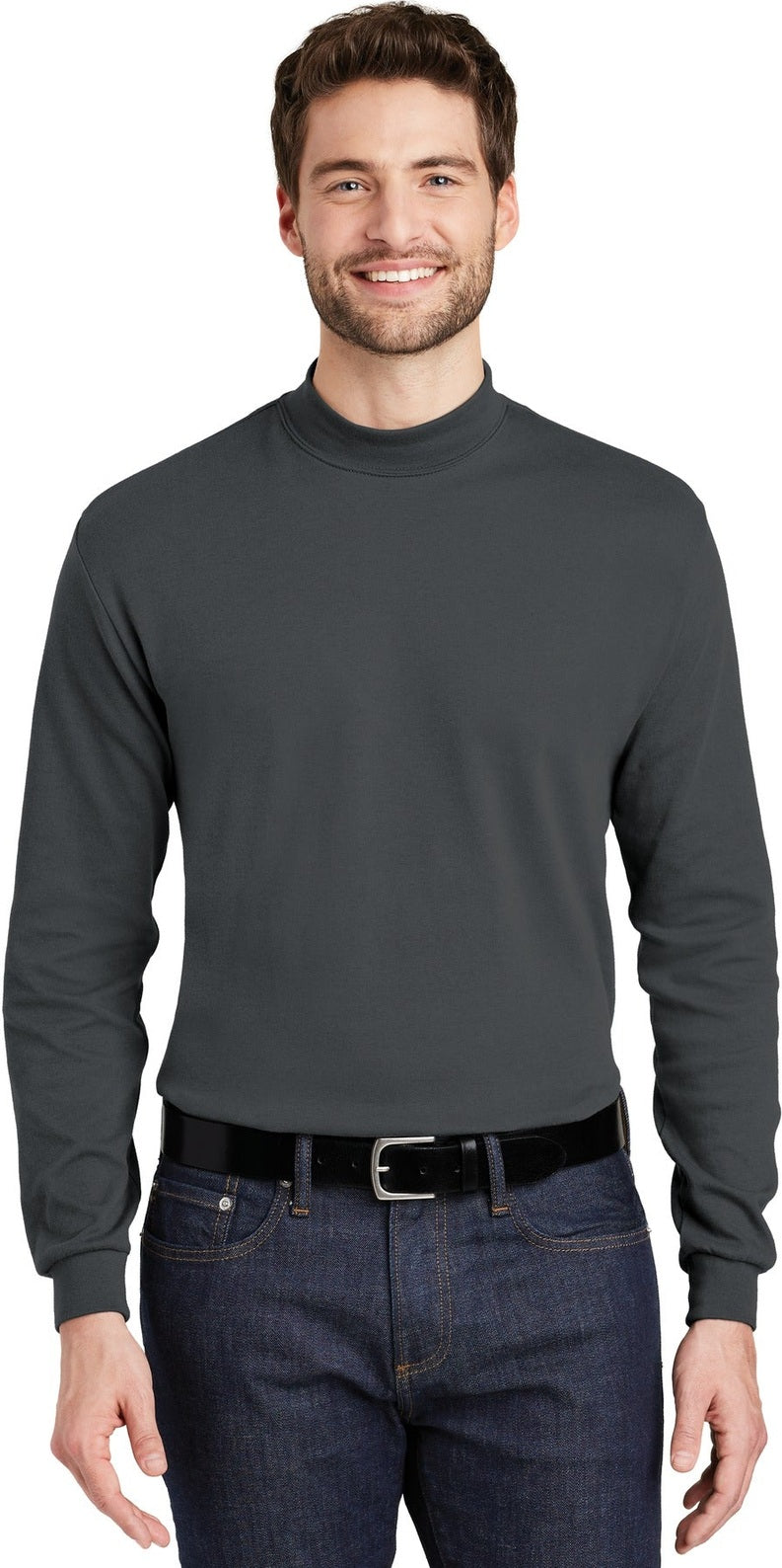 Front View of Steel Grey Port Authority Interlock Knit Mock Turtleneck. K321