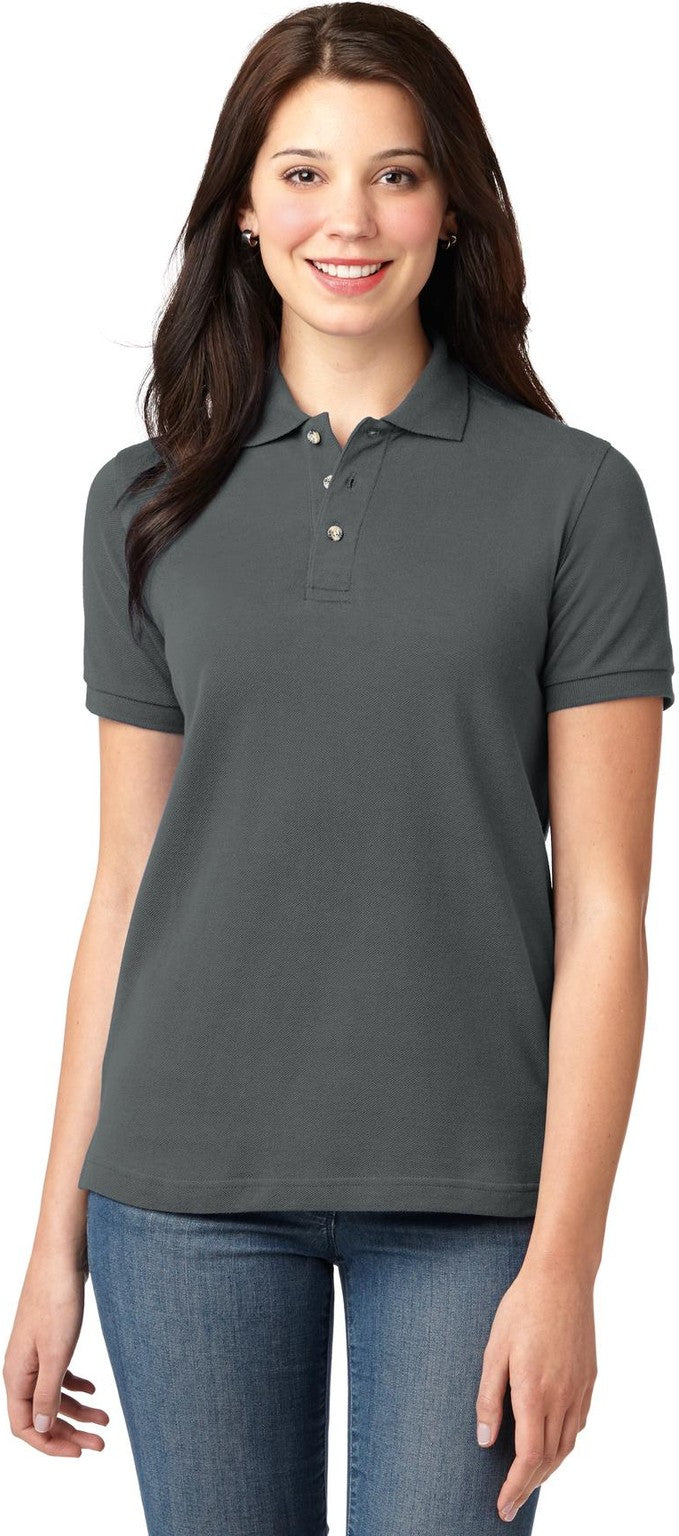 Front View of Steel Grey Port Authority Women's Heavyweight Cotton Pique Polo. L420