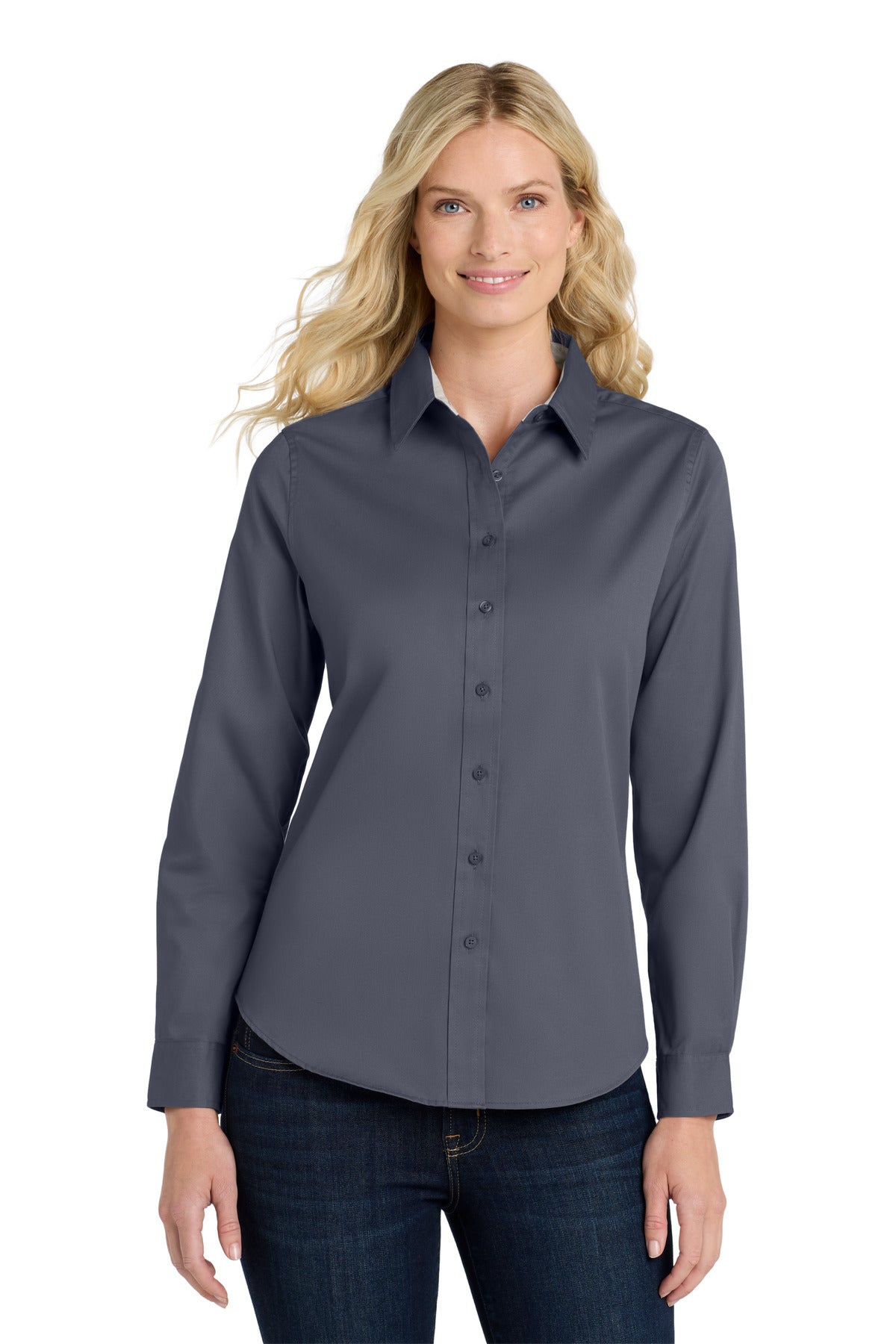 Front View of Steel Grey Port Authority Women's Long Sleeve Easy Care Shirt. L608