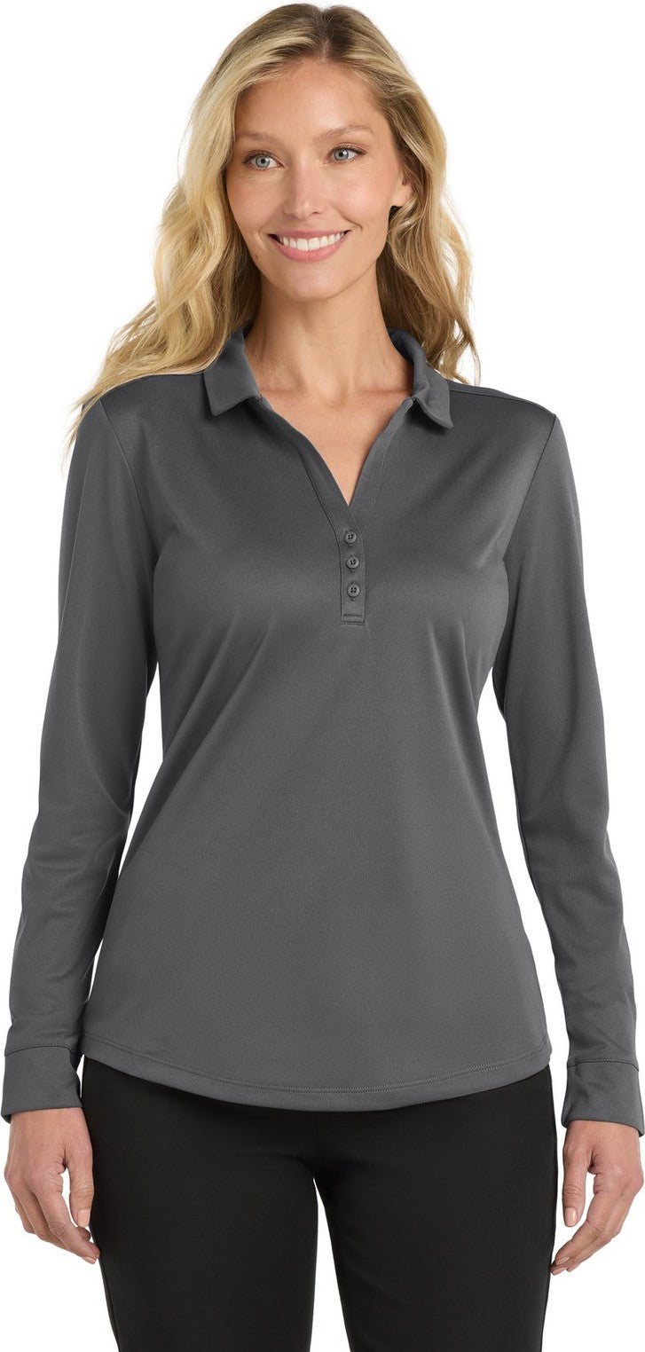 Front View of Steel Grey Port Authority Women's Silk Touch Performance Long Sleeve Polo. L540LS