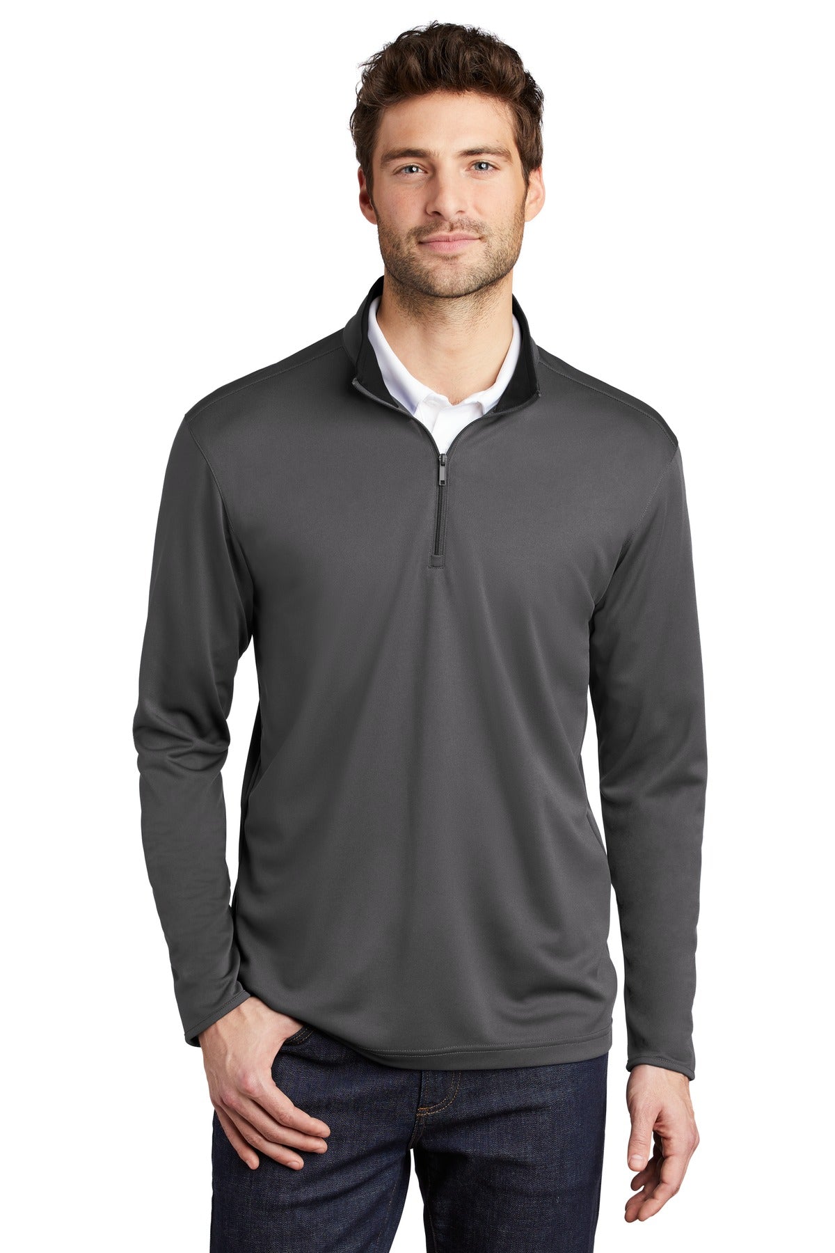 Front View of Steel Grey/Blk Port Authority Silk Touch Performance 1/4-Zip K584