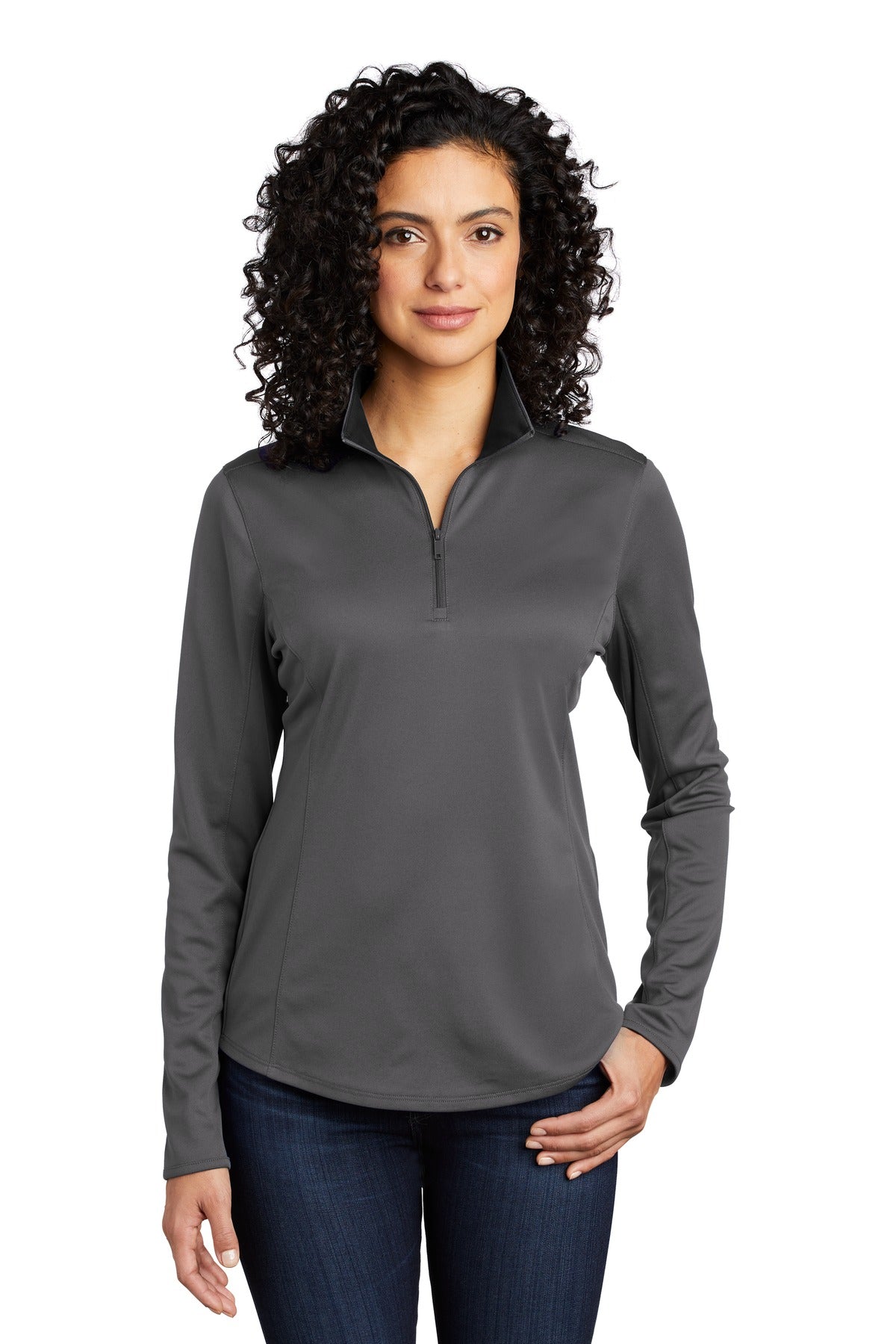 Front View of Steel Grey/Blk Port Authority Women's Silk Touch Performance 1/4-Zip LK584
