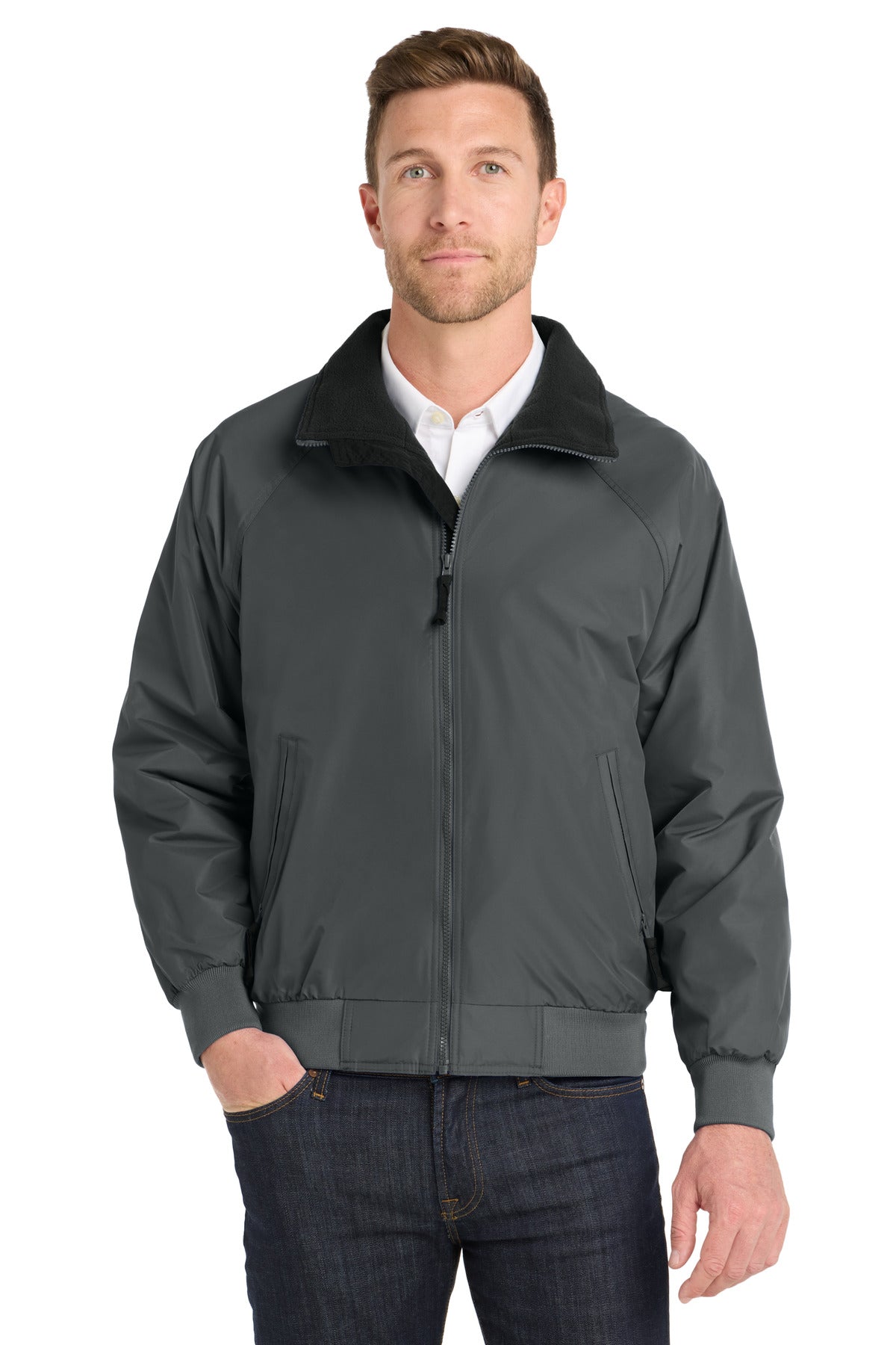 Front View of Steel Gry/T Bk Port Authority Challenger Jacket. J754