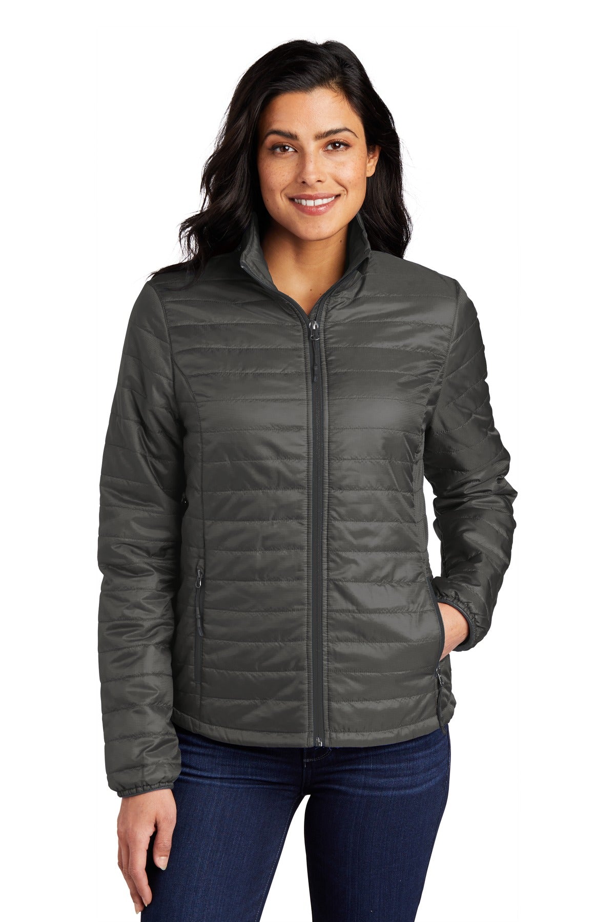 Front View of Sterl Gry/Grph Port Authority Women's Packable Puffy Jacket L850