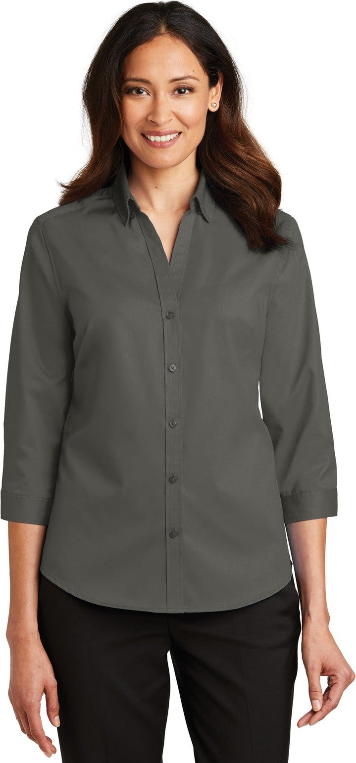 Front View of Sterling Grey Port Authority Women's 3/4-Sleeve SuperPro Twill Shirt. L665
