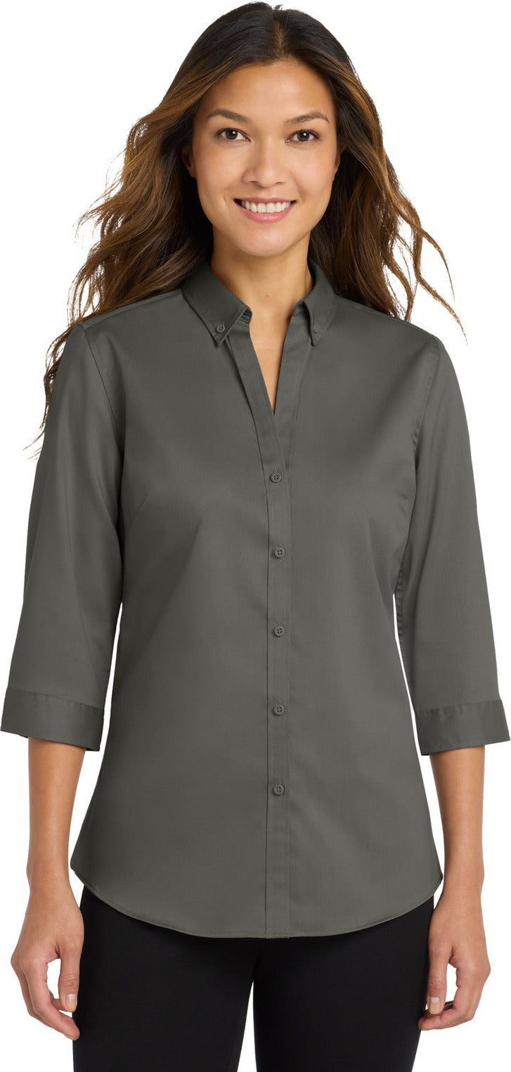 Front View of Sterling Grey Port Authority Women's 3/4-Sleeve SuperPro Twill Shirt. L665