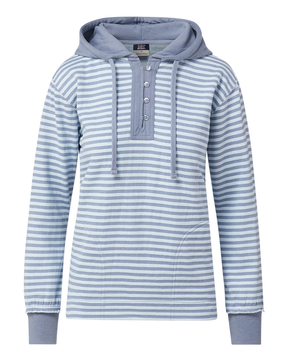Front View of Stonewash/ Arctic Blue Stripe Women's Alina Henley Hooded Sweatshirt - W24128