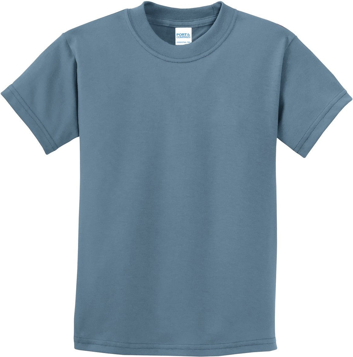 Front View of Stonewshd Blue Port & Co Youth Essential Tee. PC61Y