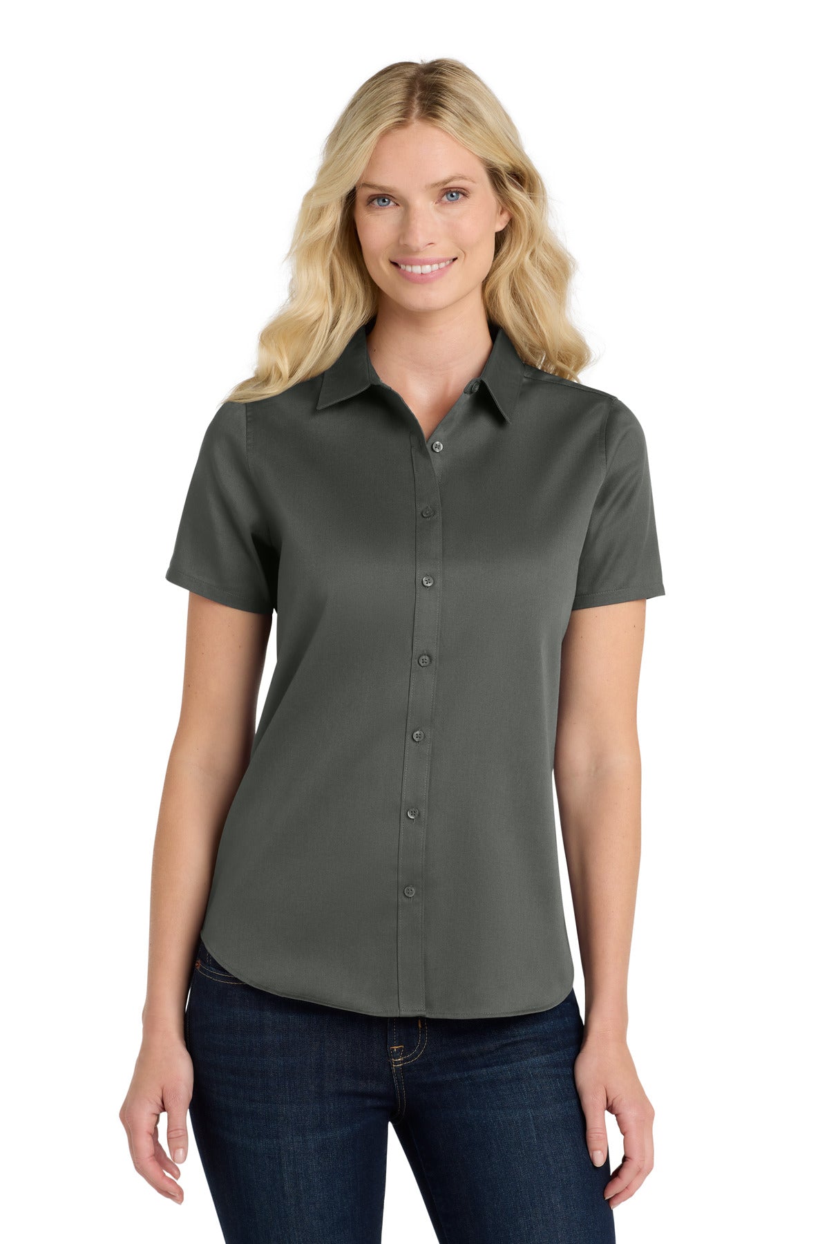 Front View of StormGrey Port Authority Women's Short Sleeve SuperPro React Twill Shirt. LW809