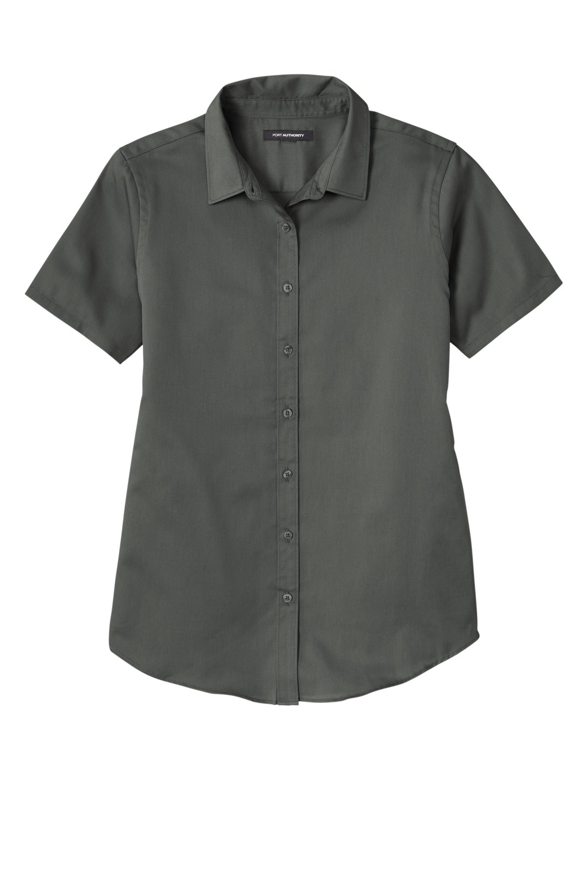 Front View of StormGrey Port Authority Women's Short Sleeve SuperPro React Twill Shirt. LW809