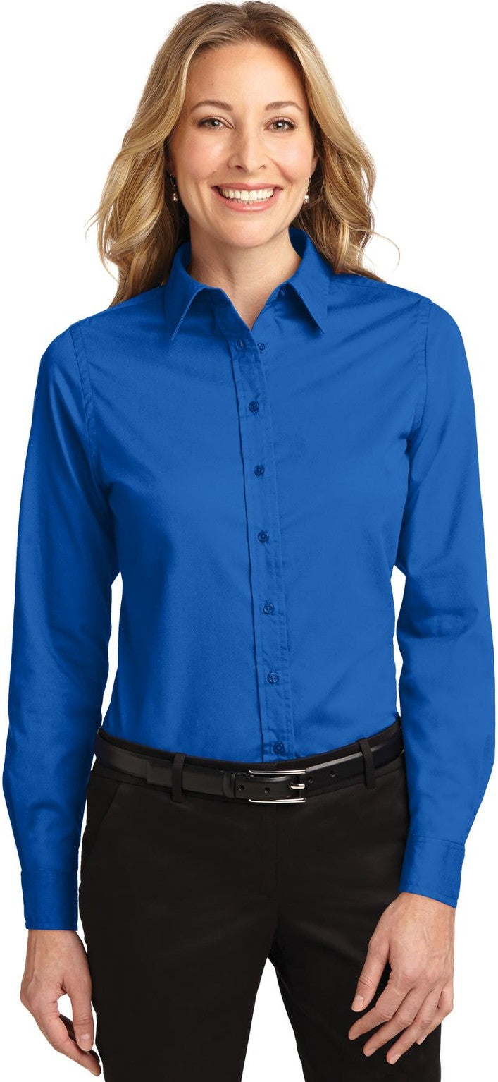 Front View of Strong Blue Port Authority Women's Long Sleeve Easy Care Shirt. L608
