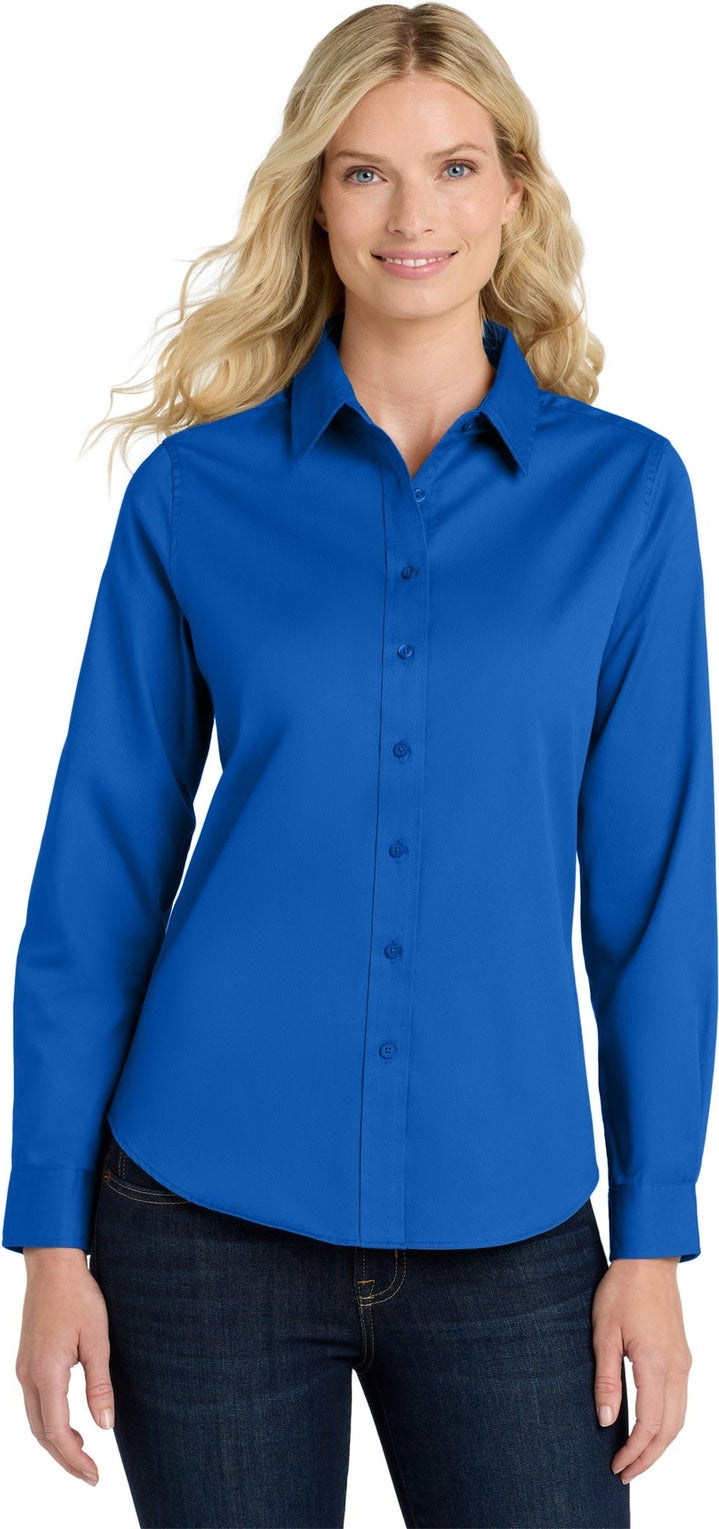 Front View of Strong Blue Port Authority Women's Long Sleeve Easy Care Shirt. L608