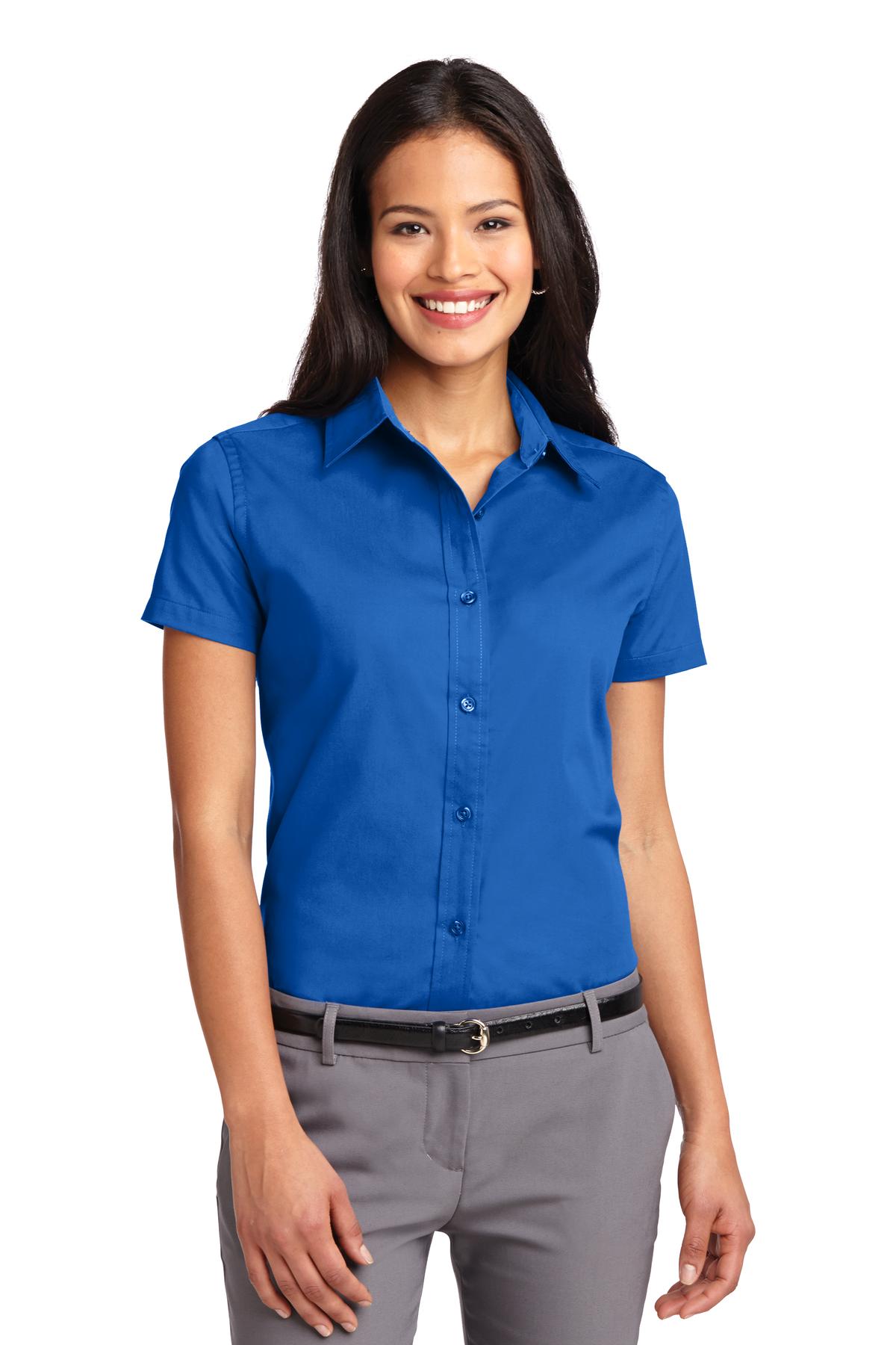 Front View of Strong Blue Port Authority Women's Short Sleeve Easy Care Shirt. L508