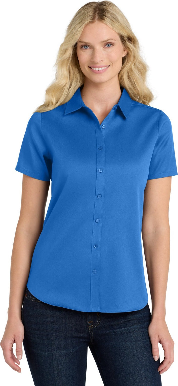 Front View of StrongBlue Port Authority Women's Short Sleeve SuperPro React Twill Shirt. LW809