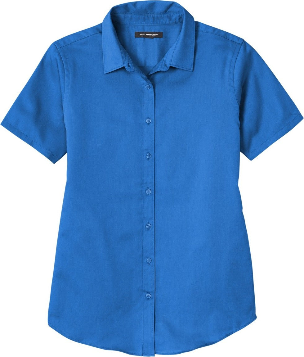 Front View of StrongBlue Port Authority Women's Short Sleeve SuperPro React Twill Shirt. LW809