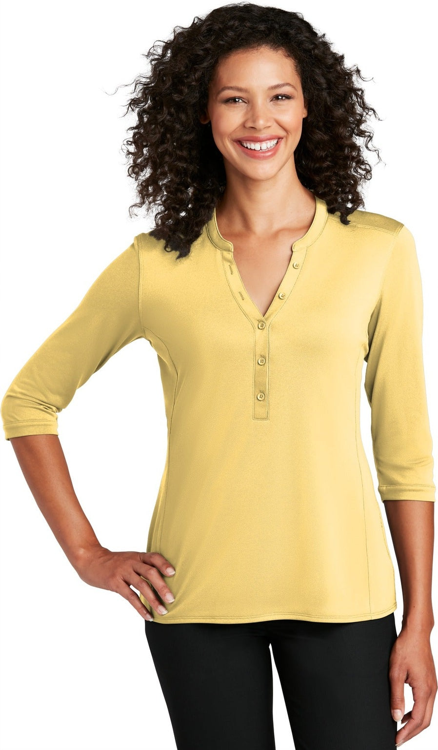 Front View of Sunbeam Yellow Port Authority Women's UV Choice Pique Henley LK750
