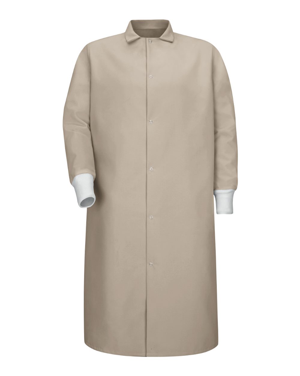 Front View of Tan Gripper-Front Pocketless Butcher Coat With Knit Cuffs - KS60