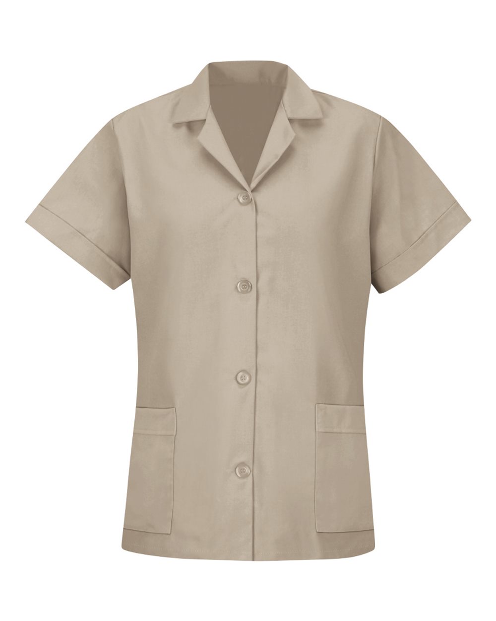 Front View of Tan Women's Loose Fit Short Sleeve Button Smock - TP23