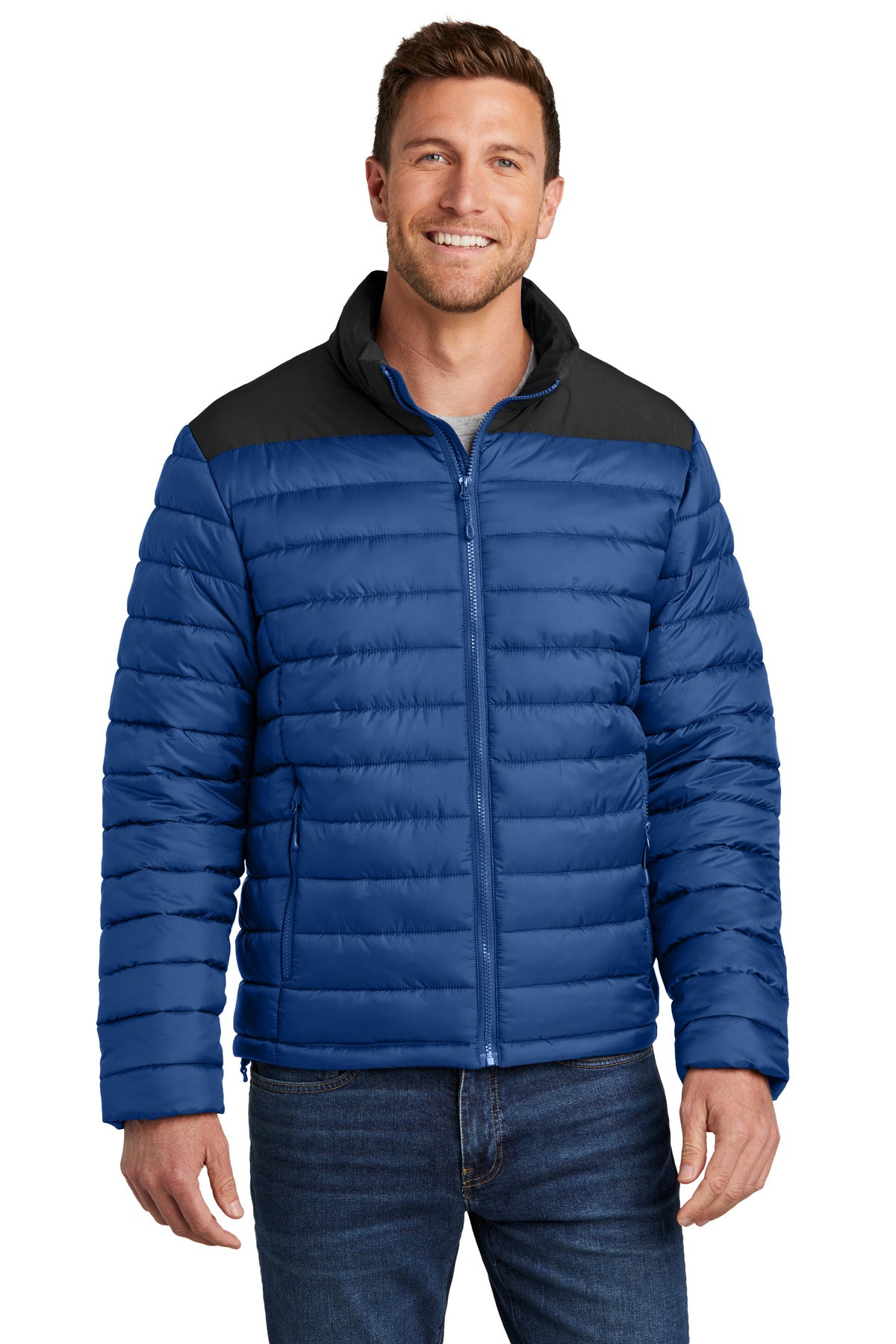 Front View of TBlu/DpBlk Port Authority Horizon Puffy Jacket J364