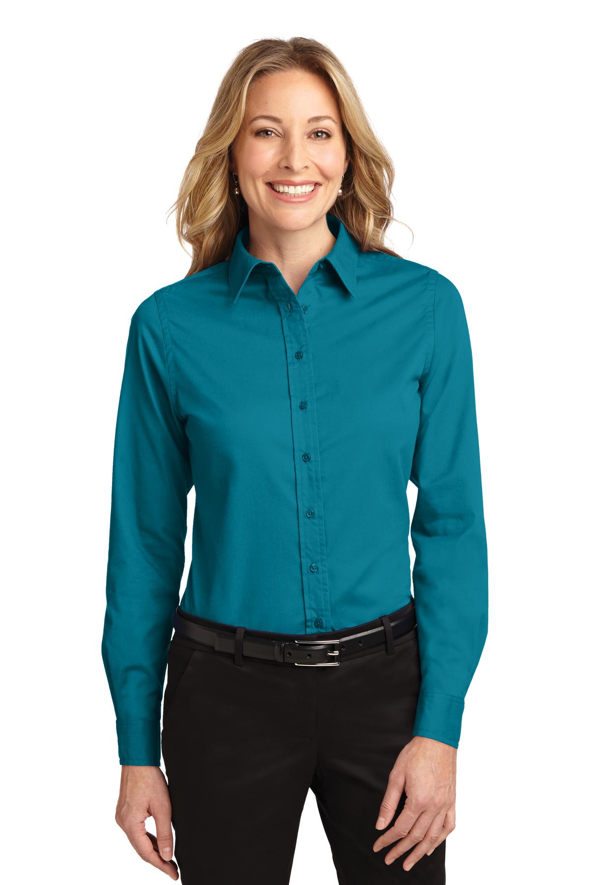 Front View of Teal Green Port Authority Women's Long Sleeve Easy Care Shirt. L608