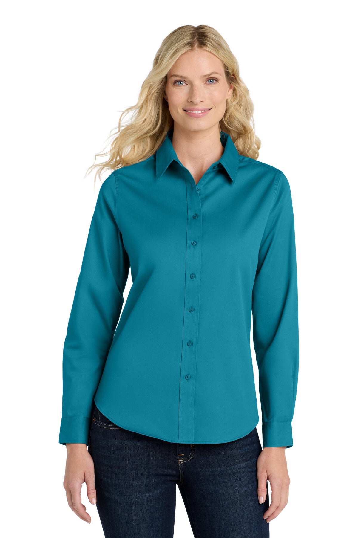 Front View of Teal Green Port Authority Women's Long Sleeve Easy Care Shirt. L608