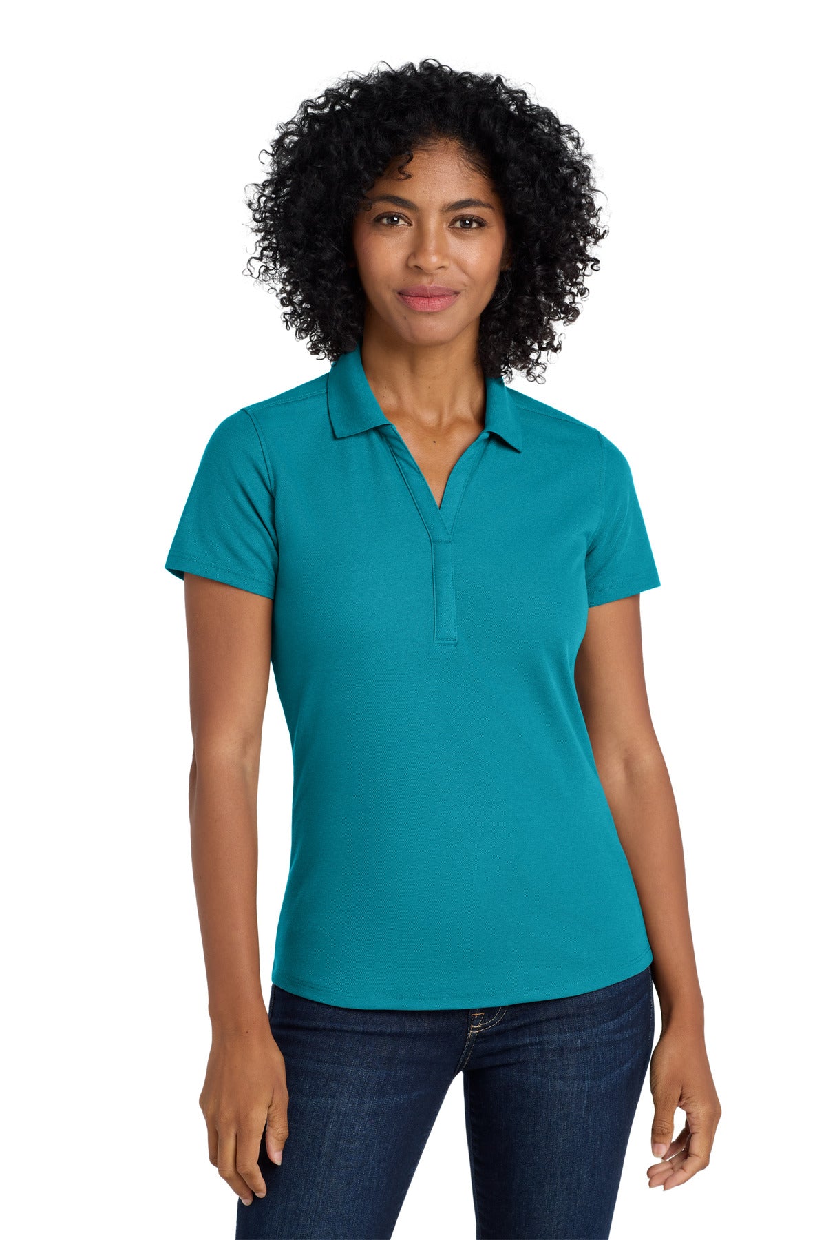 Front View of Teal Port Authority Women's EZPerformance Pique Polo. LK600