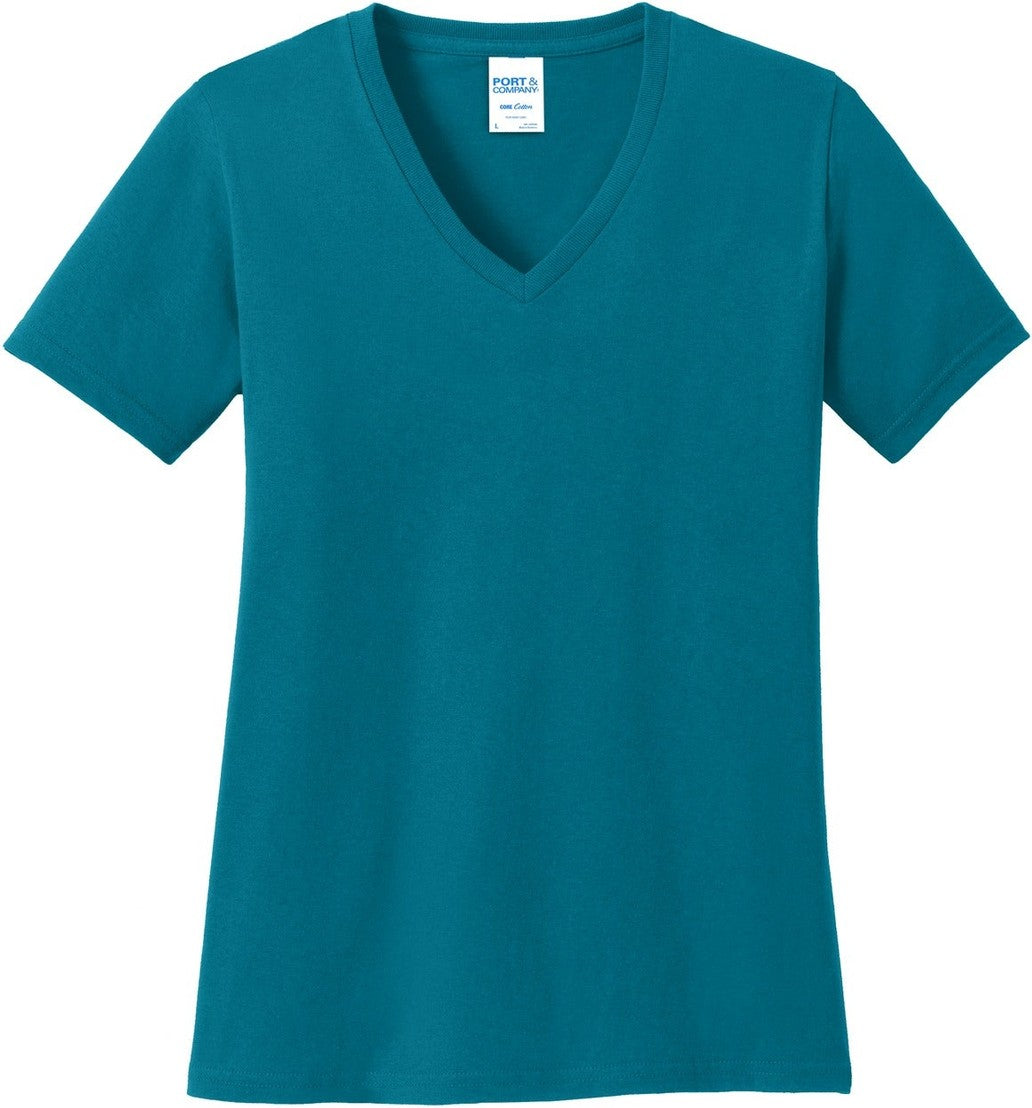 Front View of Teal Port & Co Women's Core Cotton V-Neck Tee. LPC54V