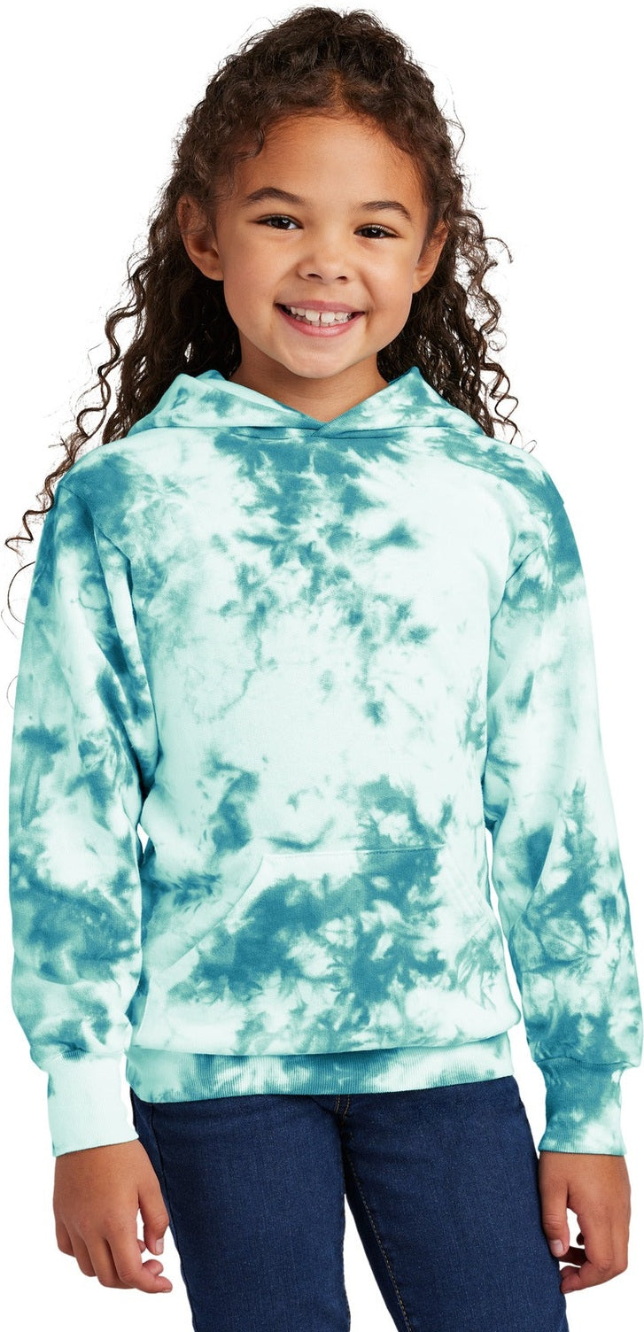 Front View of Teal Port & Co Youth Crystal Tie-Dye Pullover Hoodie PC144Y