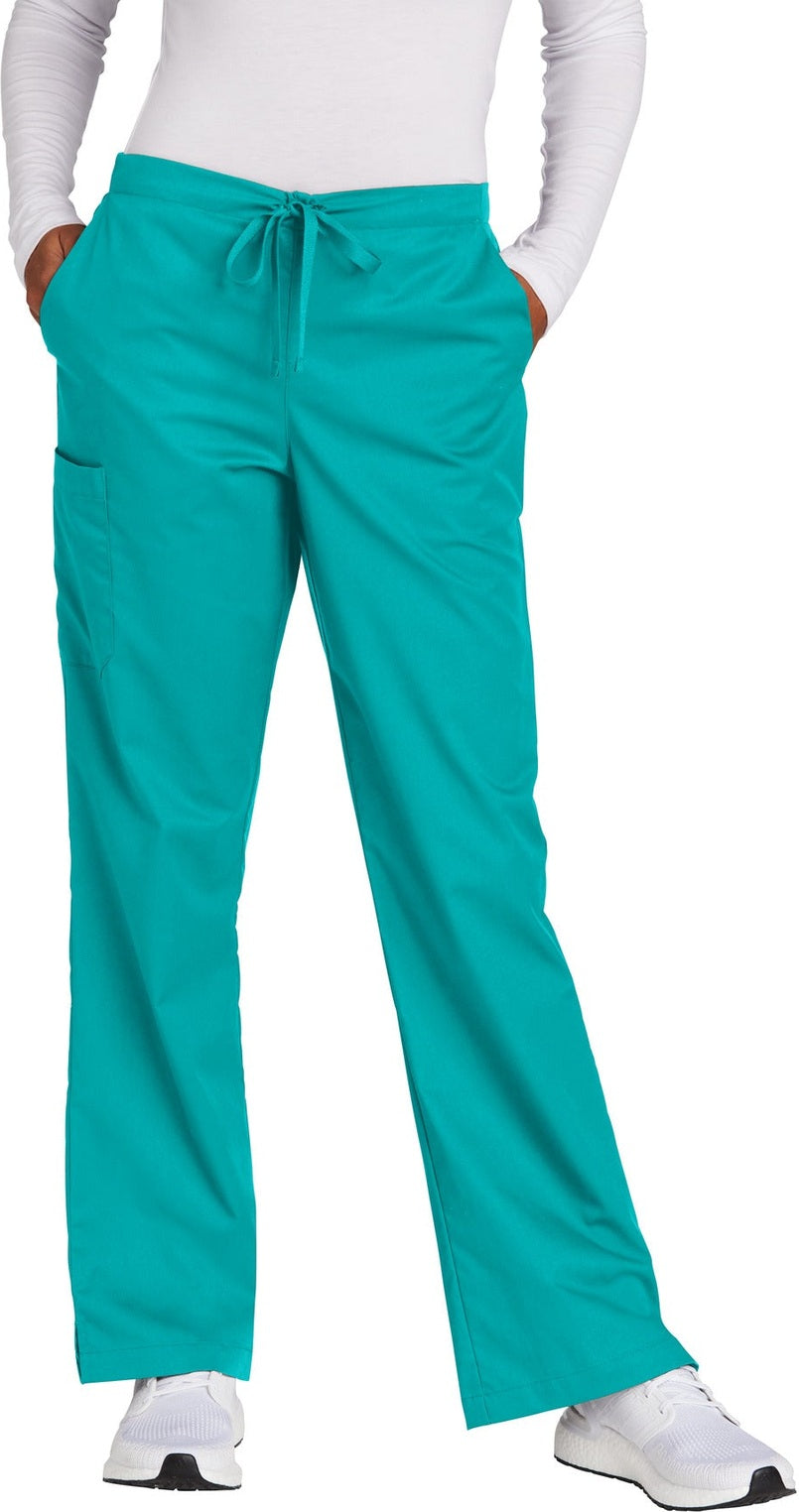 Front View of Teal Wink Women's Petite WorkFlex Flare Leg Cargo Pant WW4750P